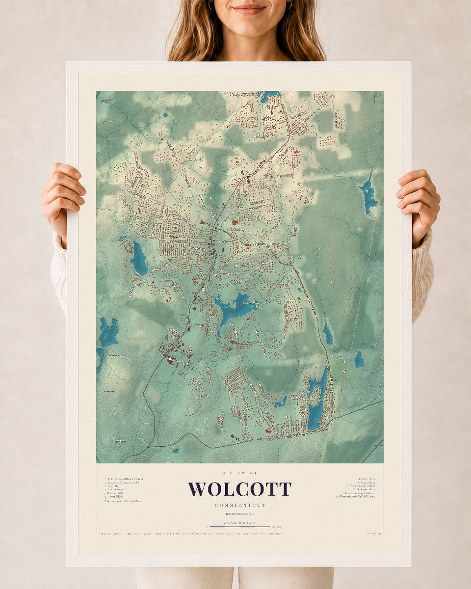 Wolcott, Connecticut map print, 24" x 36", W/ White Ayous Wood Frame