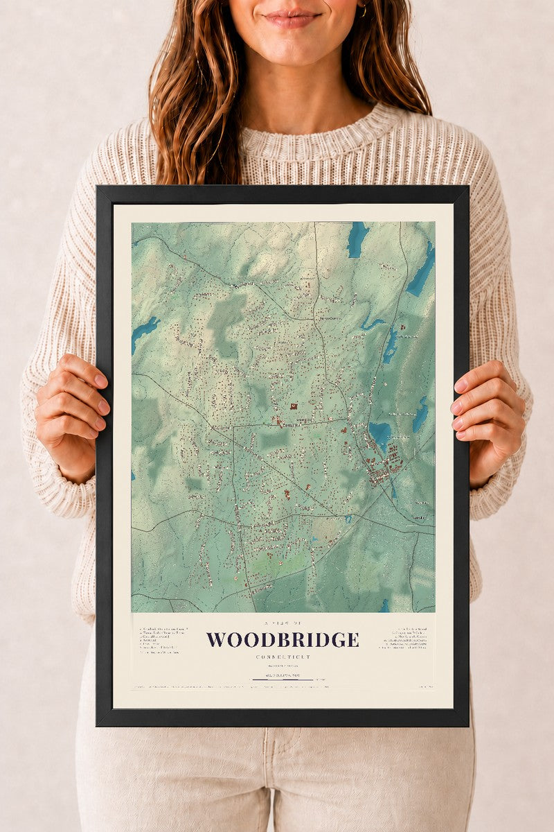 Woodbridge, Connecticut map print, 12" x 18", W/ Black Ayous Wood Frame
