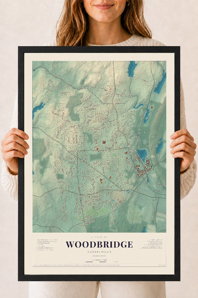 Woodbridge, Connecticut map print, 18" x 24", W/ Black Ayous Wood Frame