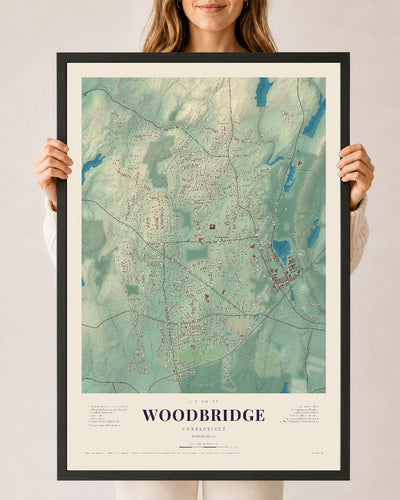 Woodbridge, Connecticut map print, 24" x 36", W/ Black Ayous Wood Frame