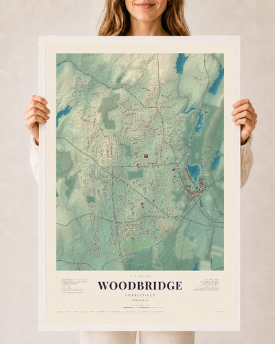 Woodbridge, Connecticut map print, 24" x 36", W/ White Ayous Wood Frame