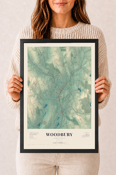 Woodbury, Connecticut map print, 12" x 18", W/ Black Ayous Wood Frame