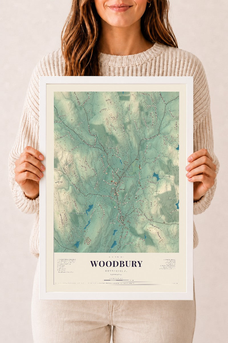Woodbury, Connecticut map print, 12" x 18", W/ White Ayous Wood Frame