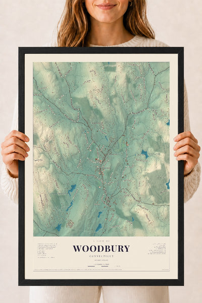 Woodbury, Connecticut map print, 18" x 24", W/ Black Ayous Wood Frame