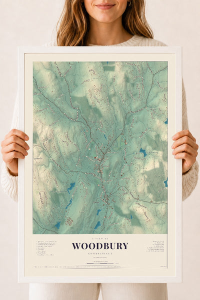 Woodbury, Connecticut map print, 18" x 24", W/ White Ayous Wood Frame