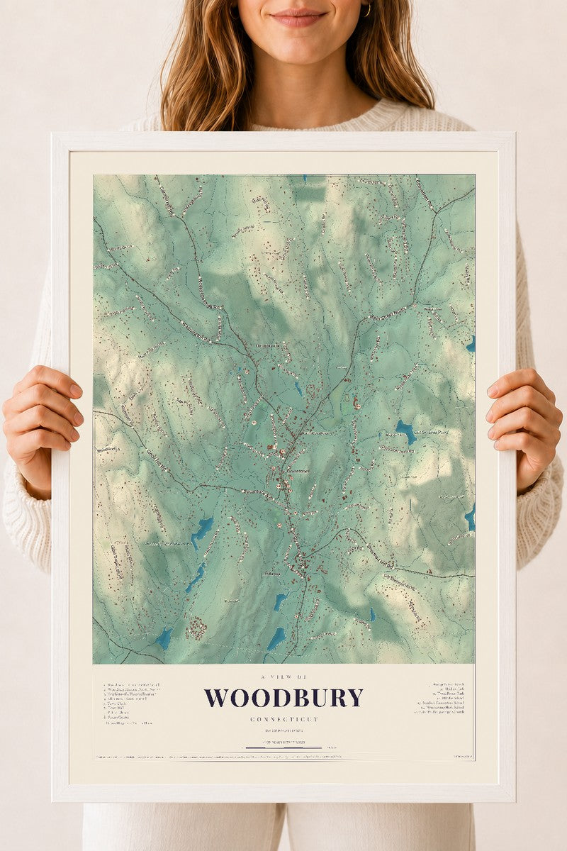 Woodbury, Connecticut map print, 18" x 24", W/ White Ayous Wood Frame