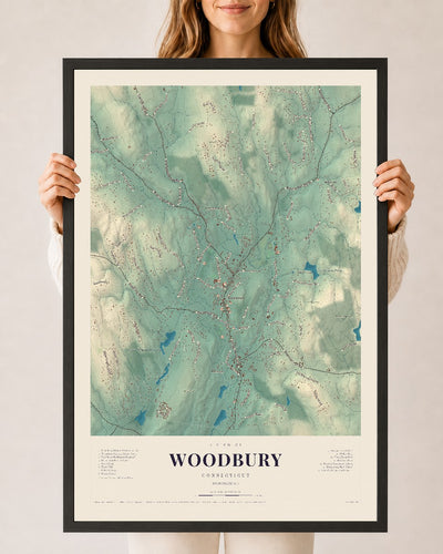 Woodbury, Connecticut map print, 24" x 36", W/ Black Ayous Wood Frame