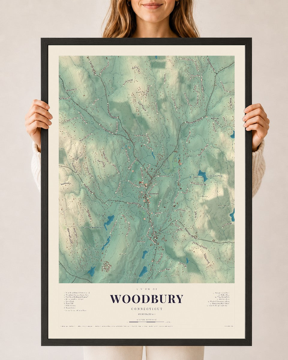 Woodbury, Connecticut map print, 24" x 36", W/ Black Ayous Wood Frame