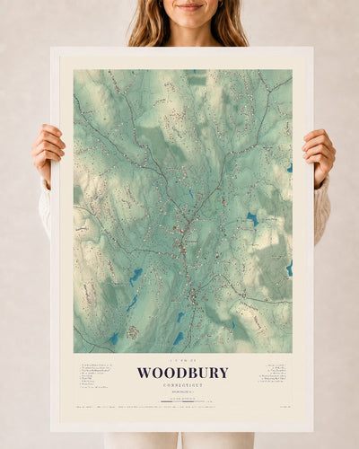 Woodbury, Connecticut map print, 24" x 36", W/ White Ayous Wood Frame