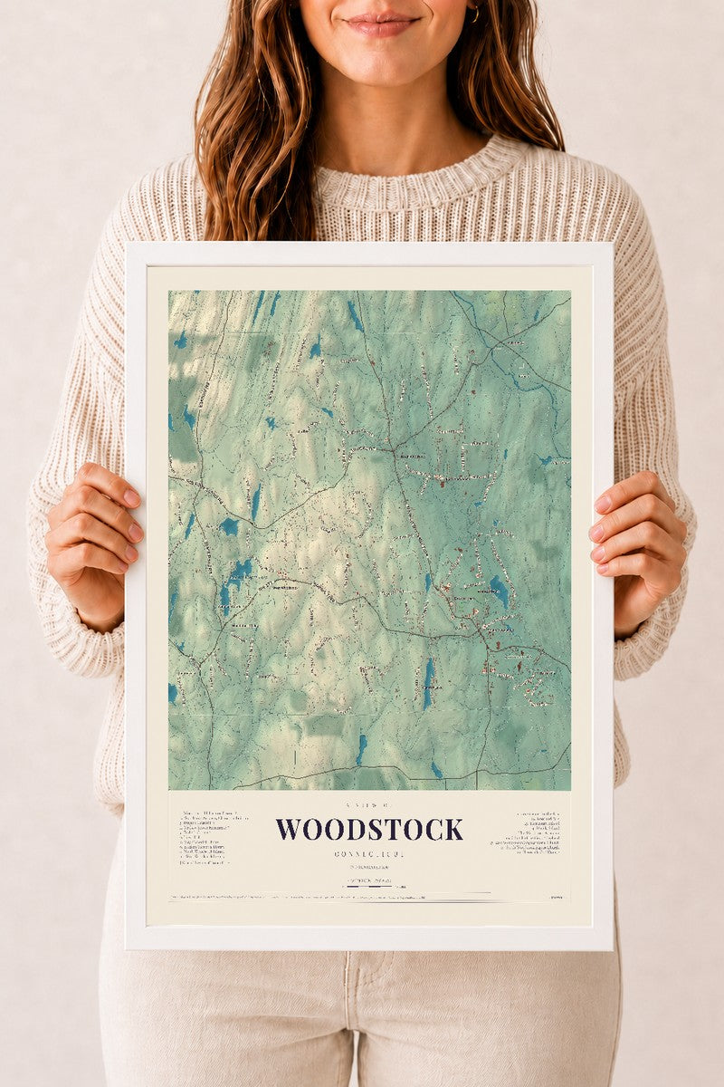 Woodstock, Connecticut map print, 12" x 18", W/ White Ayous Wood Frame