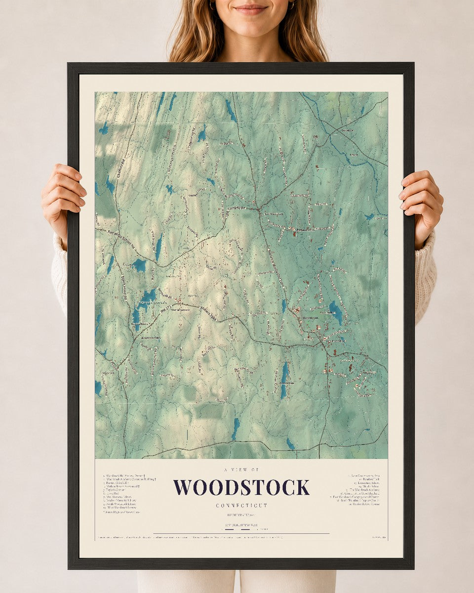 Woodstock, Connecticut map print, 24" x 36", W/ Black Ayous Wood Frame
