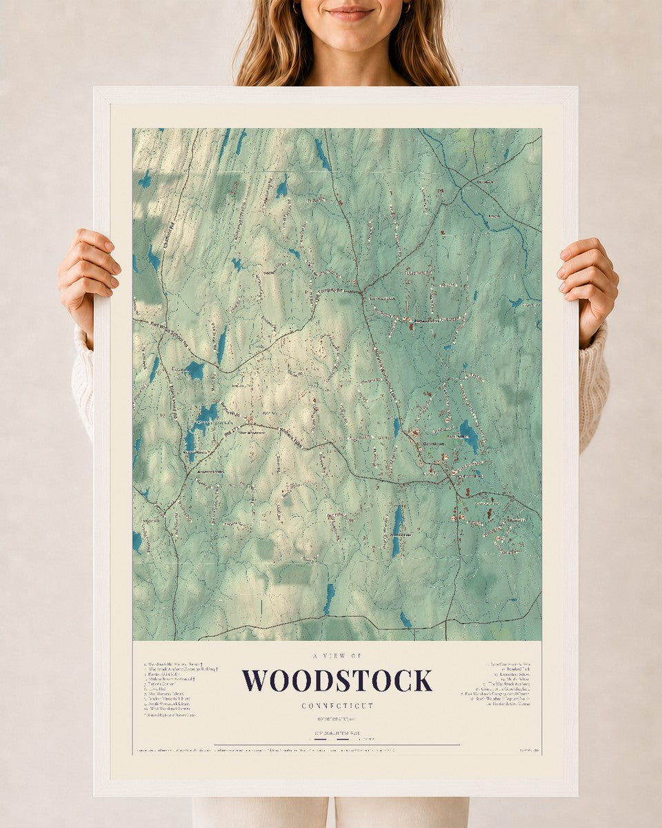 Woodstock, Connecticut map print, 24" x 36", W/ White Ayous Wood Frame
