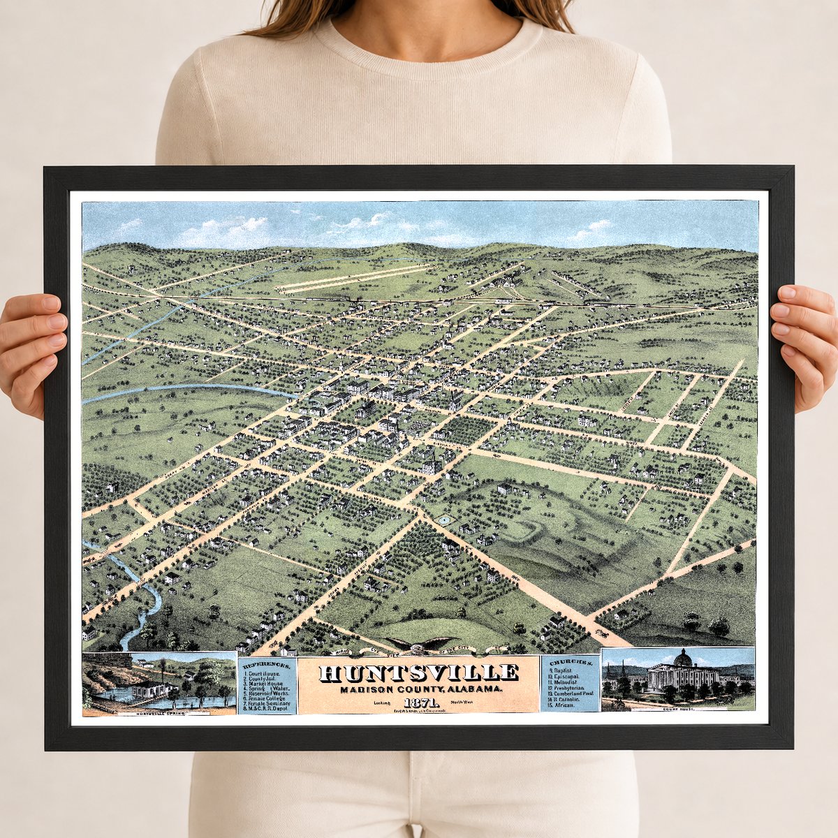 Vintage Map of Huntsville, Alabama 1871 | Restored Historic Print