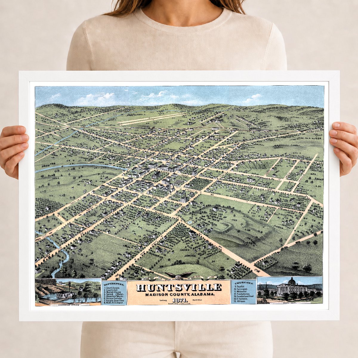 Vintage Map of Huntsville, Alabama 1871 | Restored Historic Print