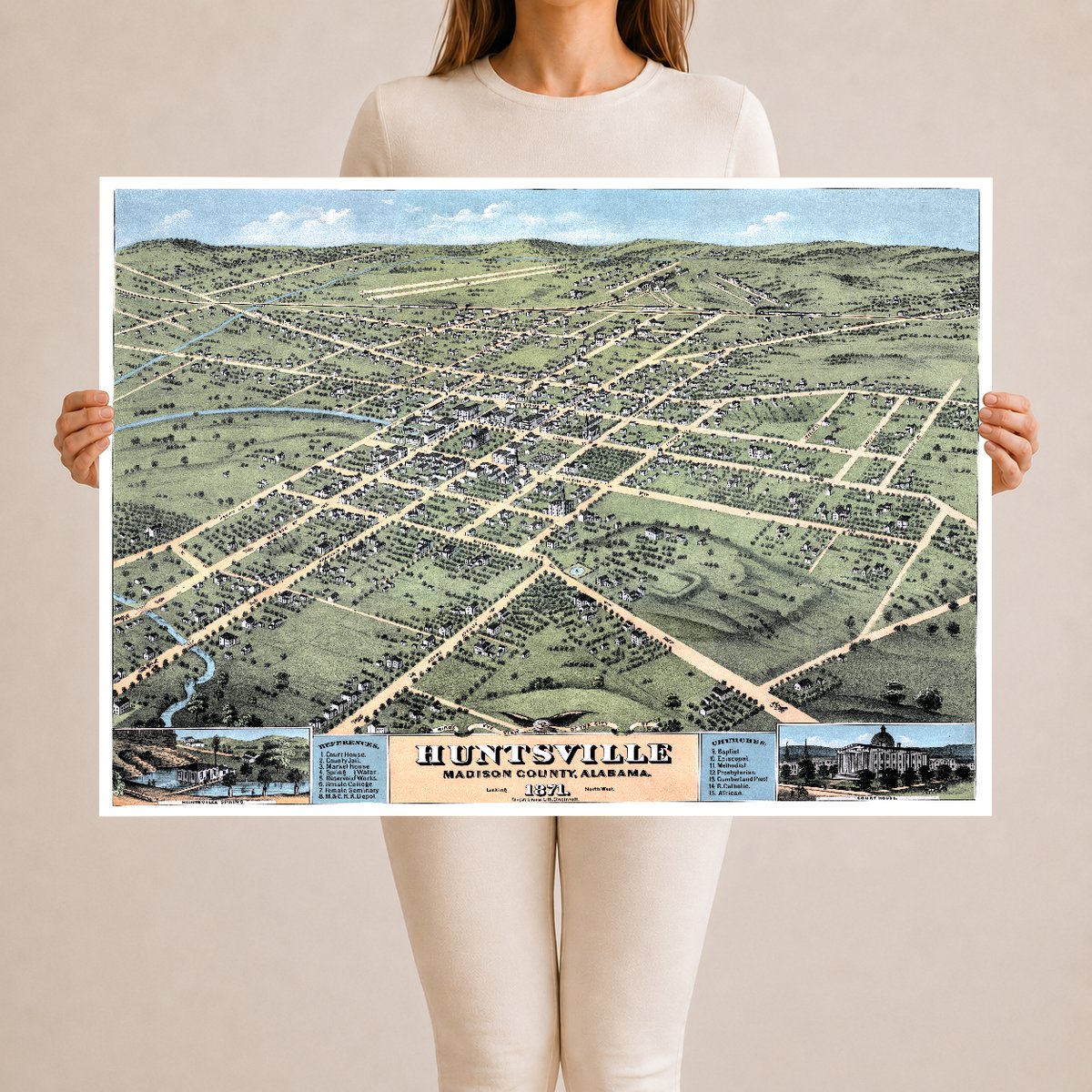 Vintage Map of Huntsville, Alabama 1871 | Restored Historic Print