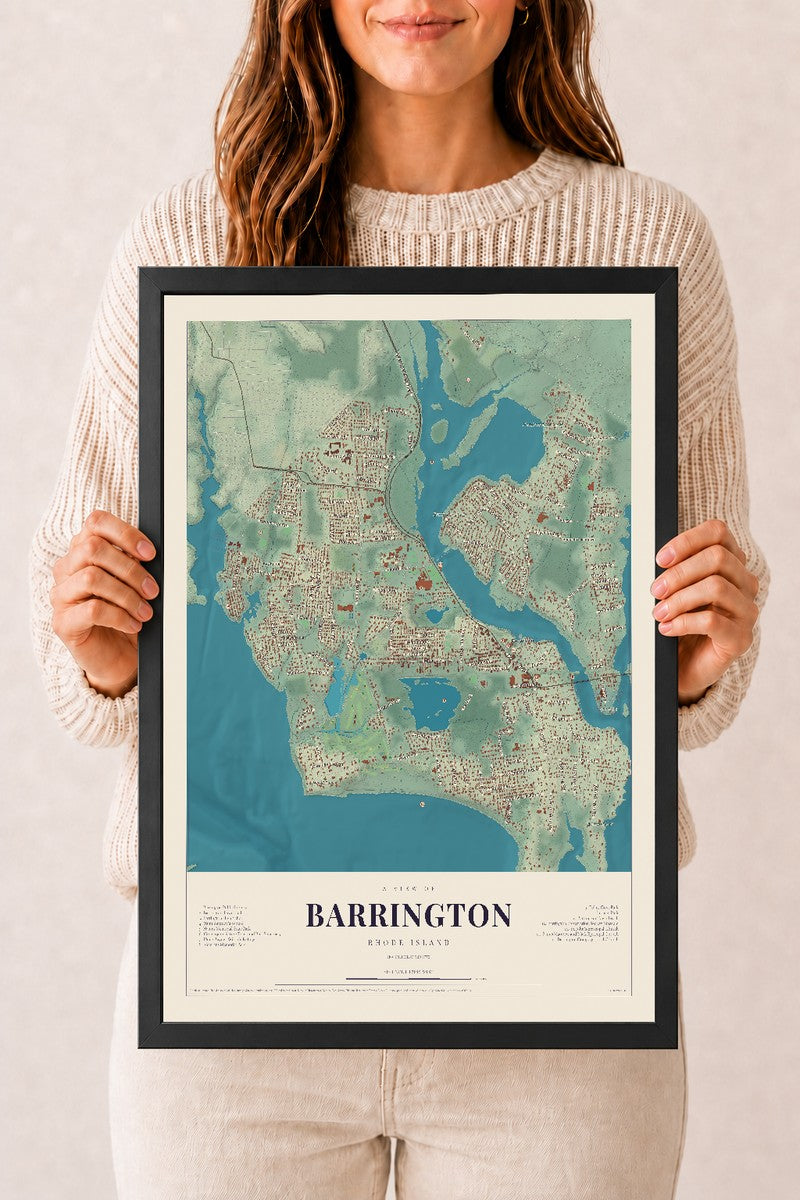 Barrington, Rhode Island map print, 12" x 18", W/ Black Ayous Wood Frame