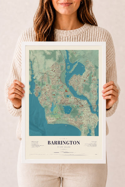 Barrington, Rhode Island map print, 12" x 18", W/ White Ayous Wood Frame