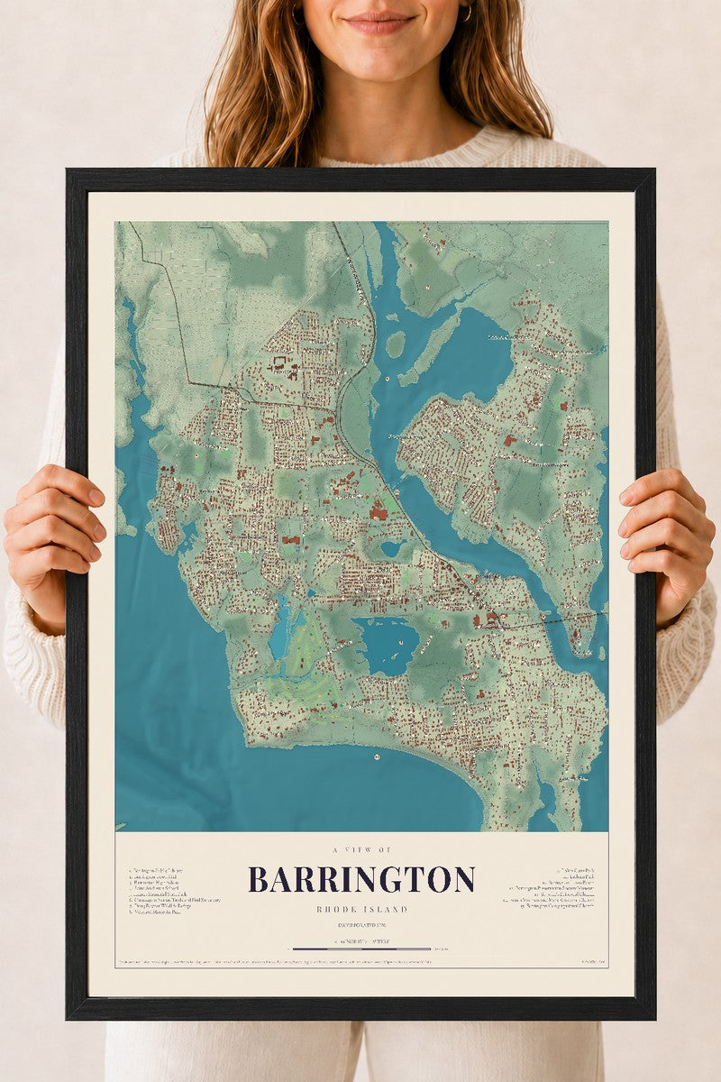 Barrington, Rhode Island map print, 18" x 24", W/ Black Ayous Wood Frame