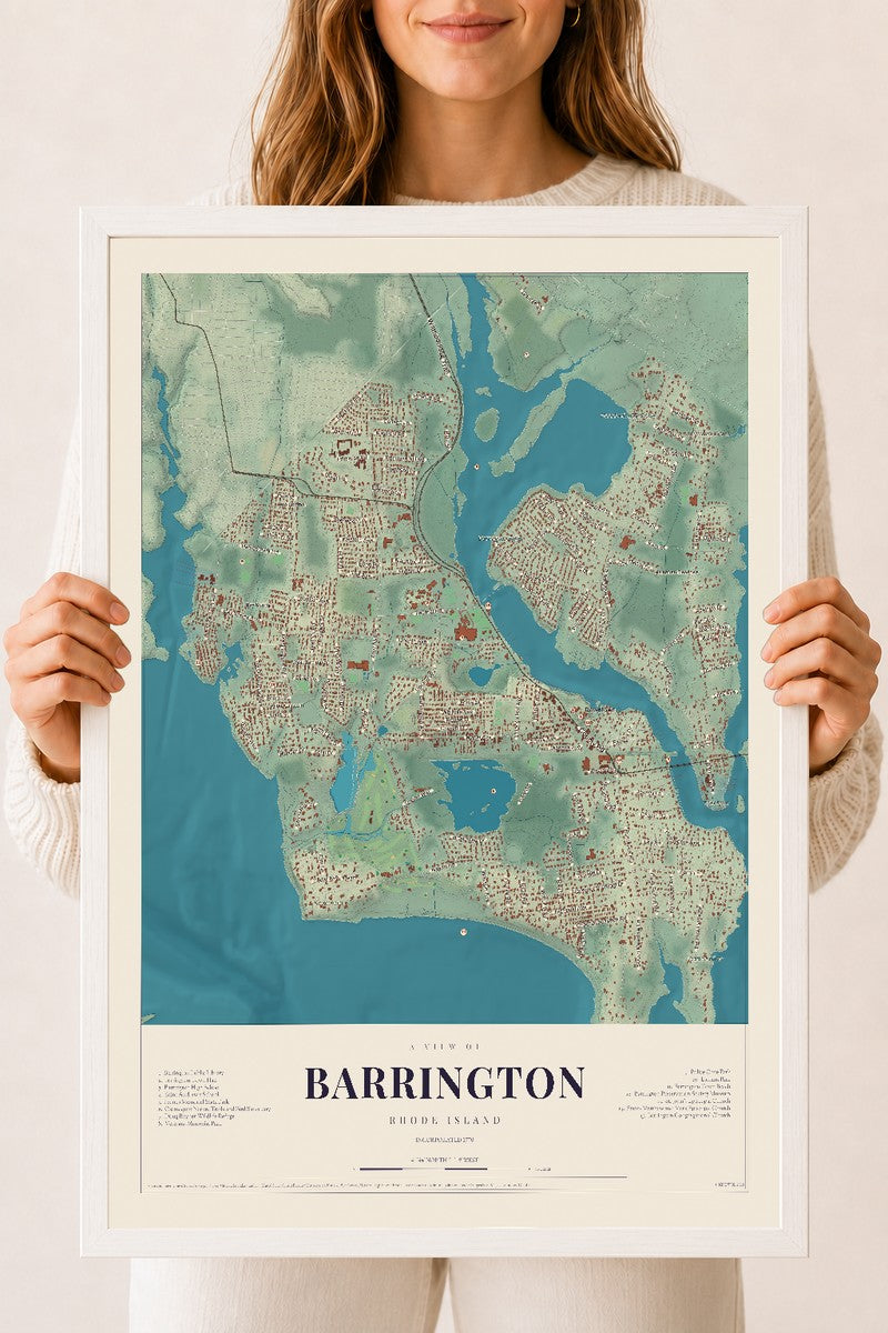 Barrington, Rhode Island map print, 18" x 24", W/ White Ayous Wood Frame