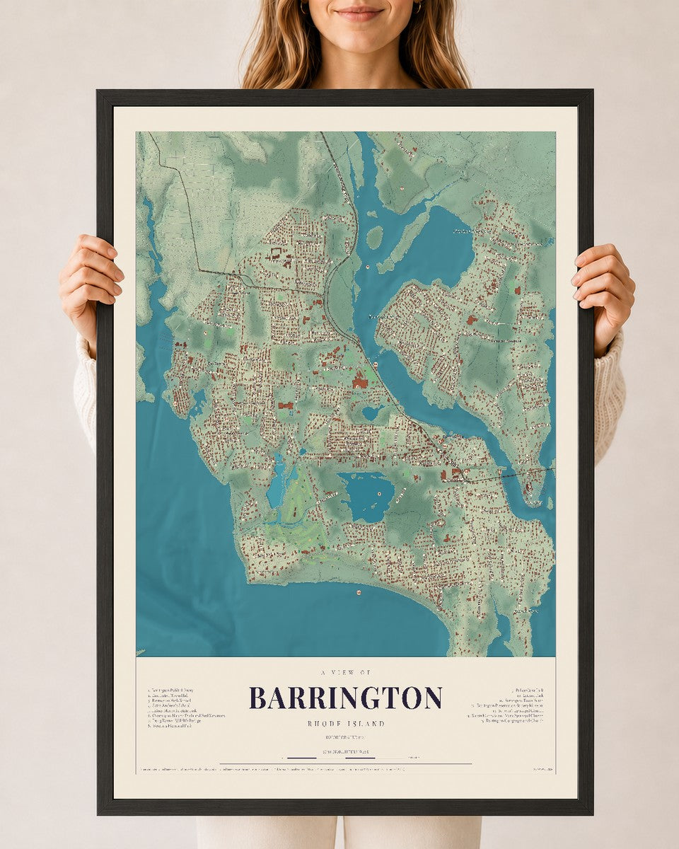 Barrington, Rhode Island map print, 24" x 36", W/ Black Ayous Wood Frame