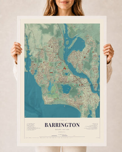 Barrington, Rhode Island map print, 24" x 36", W/ White Ayous Wood Frame