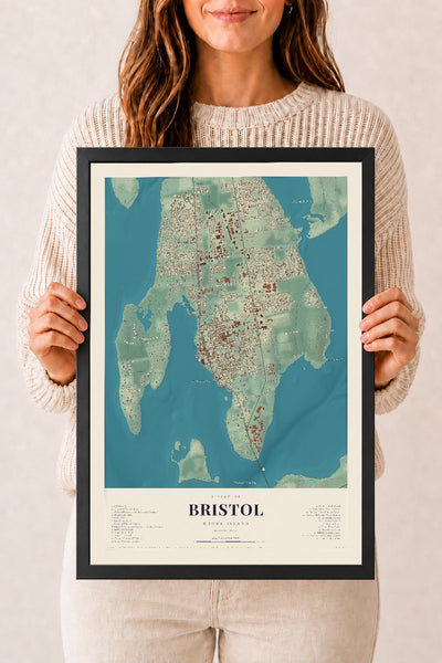 Bristol, Rhode Island map print, 12" x 18", W/ Black Ayous Wood Frame