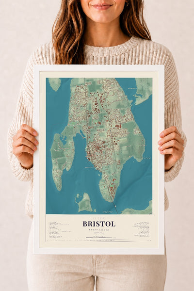 Bristol, Rhode Island map print, 12" x 18", W/ White Ayous Wood Frame