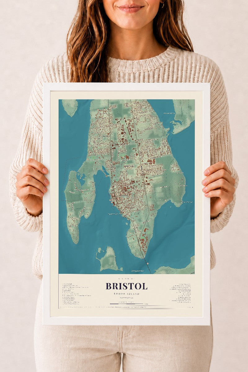 Bristol, Rhode Island map print, 12" x 18", W/ White Ayous Wood Frame
