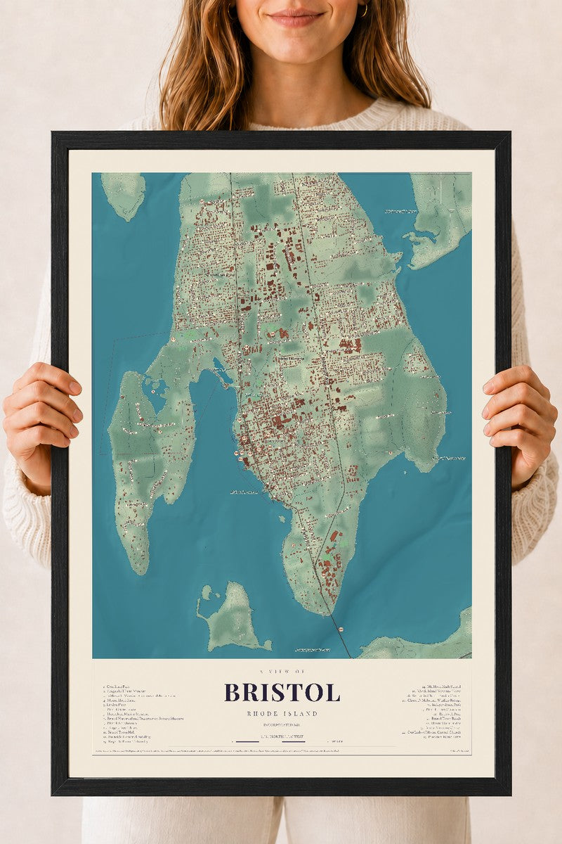 Bristol, Rhode Island map print, 18" x 24", W/ Black Ayous Wood Frame