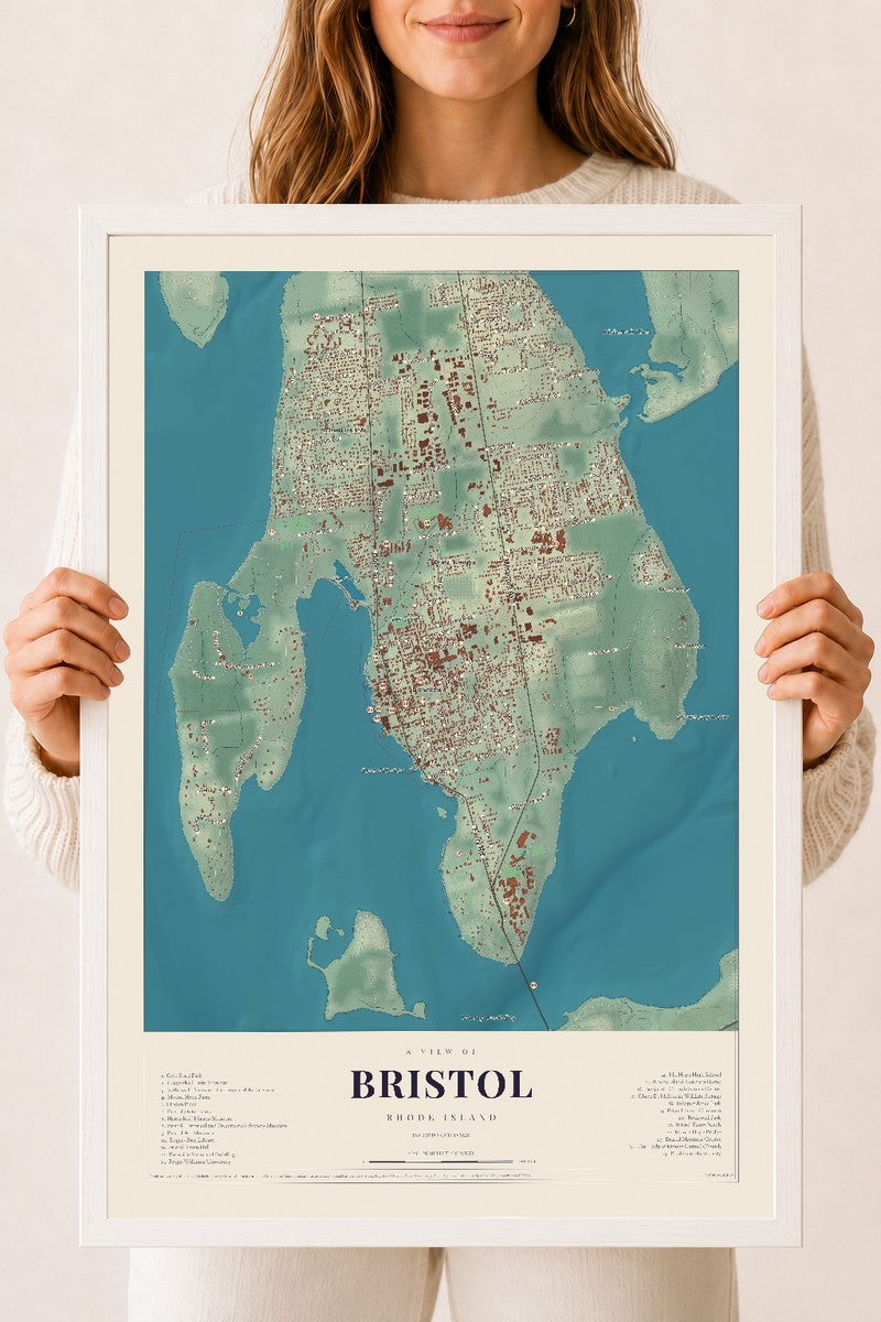 Bristol, Rhode Island map print, 18" x 24", W/ White Ayous Wood Frame