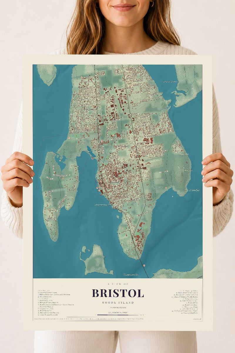 Bristol, Rhode Island map print, 18" x 24", Archival Matte Print
