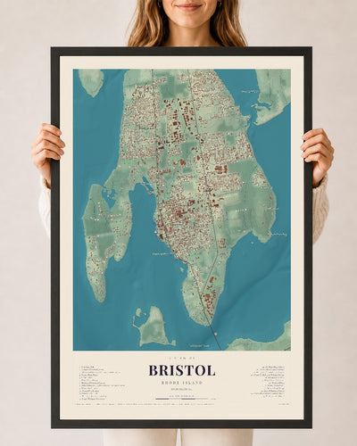 Bristol, Rhode Island map print, 24" x 36", W/ Black Ayous Wood Frame