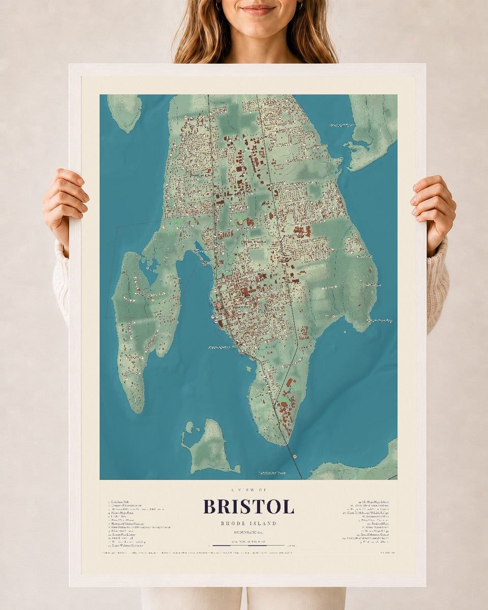 Bristol, Rhode Island map print, 24" x 36", W/ White Ayous Wood Frame