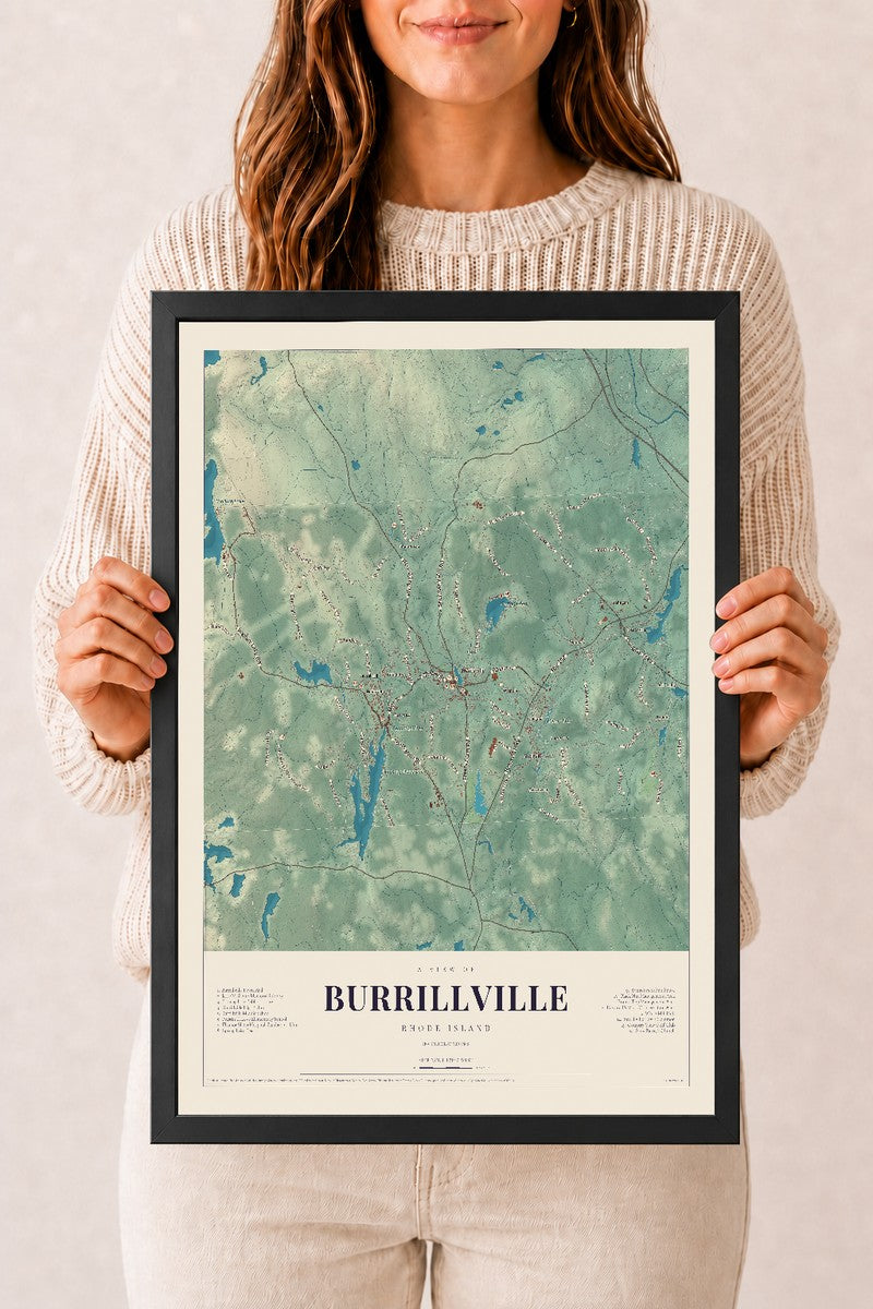 Burrillville, Rhode Island map print, 12" x 18", W/ Black Ayous Wood Frame