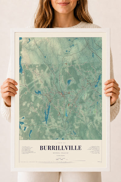 Burrillville, Rhode Island map print, 18" x 24", W/ White Ayous Wood Frame
