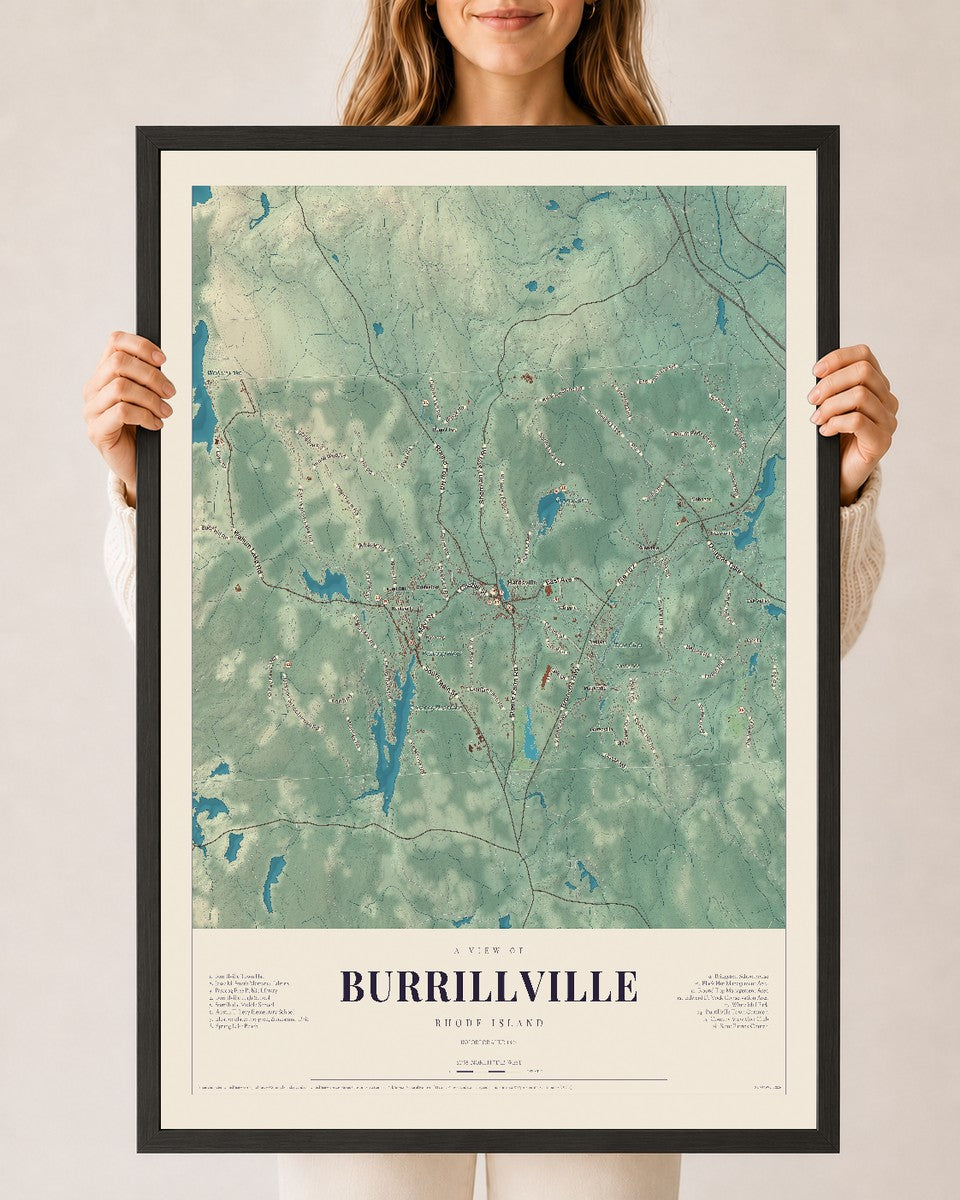 Burrillville, Rhode Island map print, 24" x 36", W/ Black Ayous Wood Frame