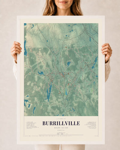 Burrillville, Rhode Island map print, 24" x 36", W/ White Ayous Wood Frame