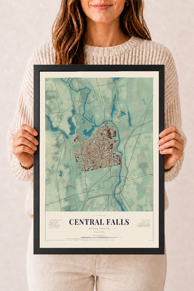 Central Falls, Rhode Island map print, 12" x 18", W/ Black Ayous Wood Frame