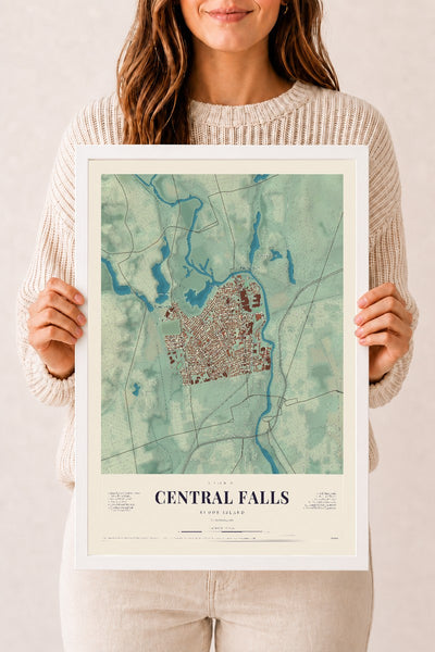 Central Falls, Rhode Island map print, 12" x 18", W/ White Ayous Wood Frame