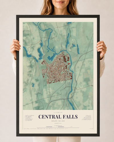 Central Falls, Rhode Island map print, 24" x 36", W/ Black Ayous Wood Frame