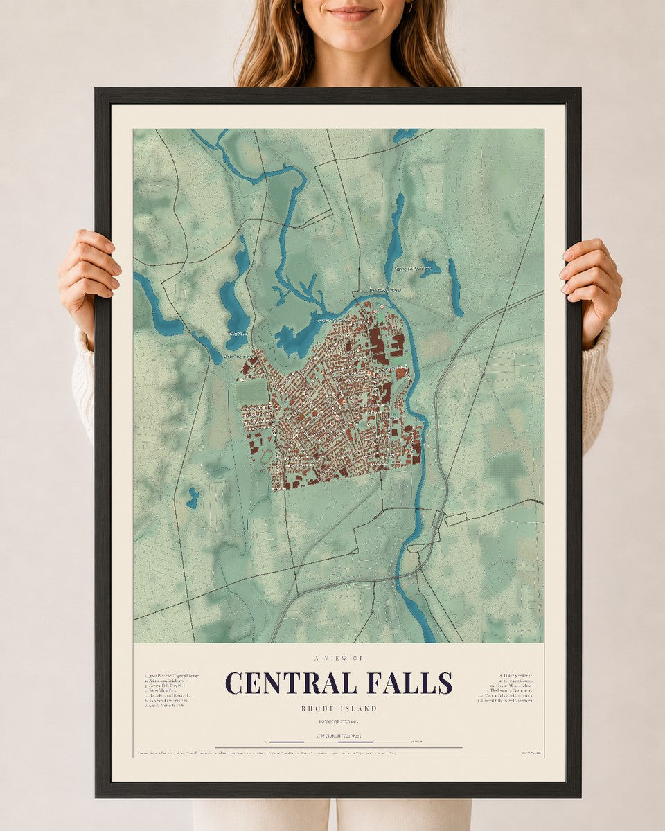 Central Falls, Rhode Island map print, 24" x 36", W/ Black Ayous Wood Frame