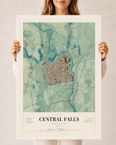 Central Falls, Rhode Island map print, 24" x 36", W/ White Ayous Wood Frame