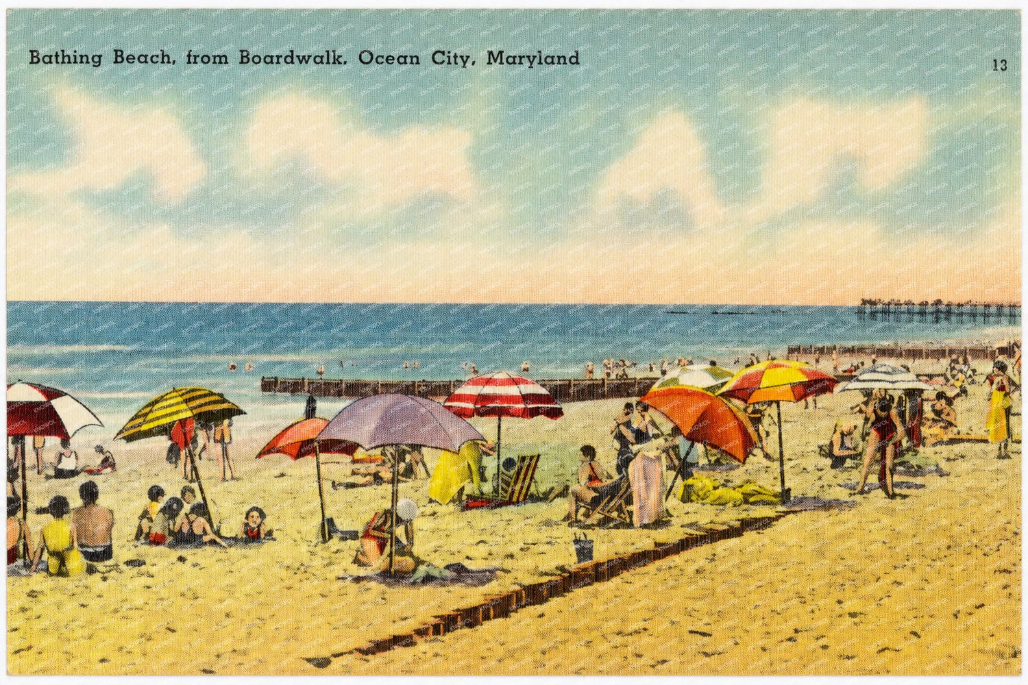 Bathing Beach, from boardwalk, Ocean City, Maryland — Vintage Maryland Postcard