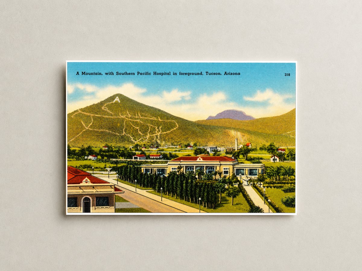 Tucson, AZ: A mountain with Southern Pacific Hospital in fore ground