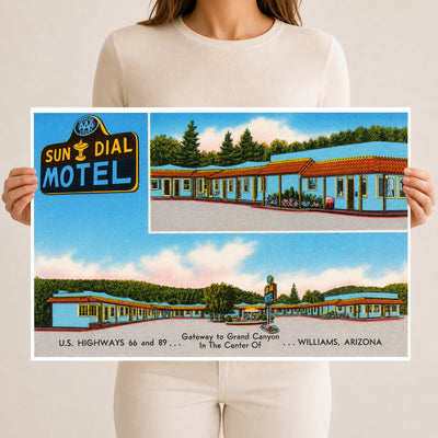 Williams, AZ: Sun Dial Motel, gateway to Grand Canyon, U.S. highways 66 and 89, in the center of