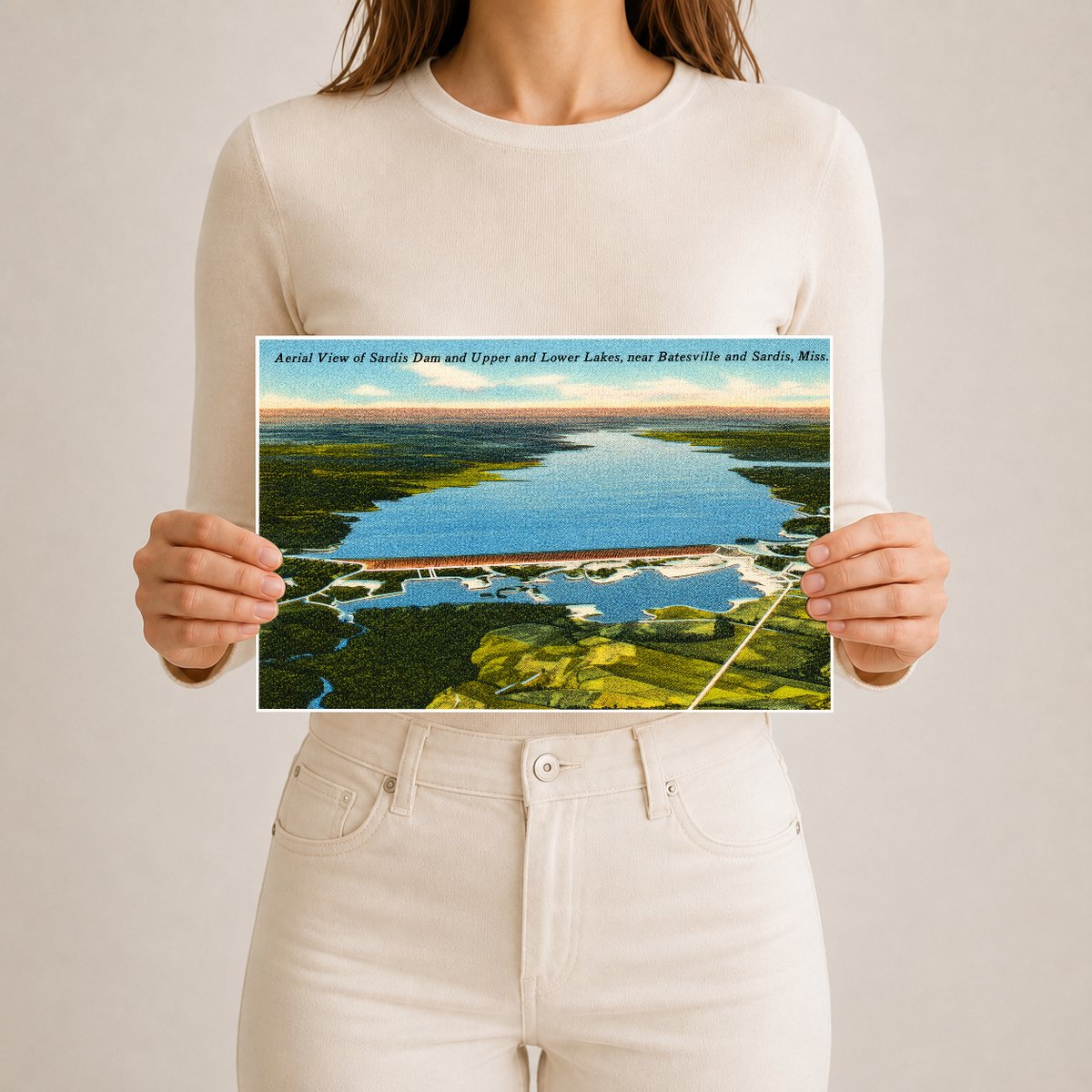 Sardis Lake, MS: Aerial view of Sardis Dam and upper and lower lakes, near Batesville and Sardis