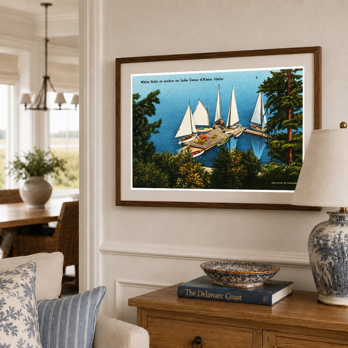 Coeur d'Alene Lake, ID: White sails at anchor on Lake Coeur d'Alene