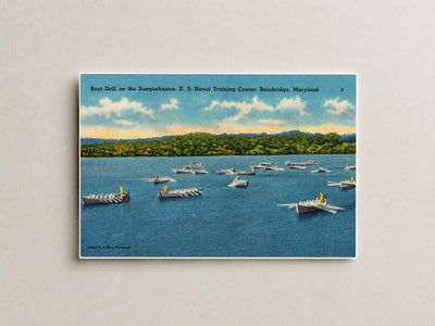 Boat drill on the Susquehanna, U. S. Naval Training Center, Bainbridge, Maryland — Vintage Maryland Postcard