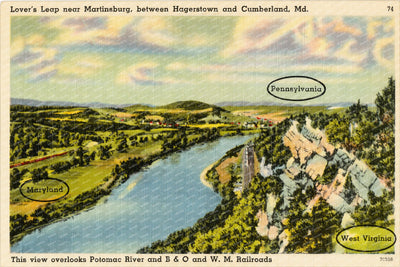 Lover's Leap near Martinsburg, between Hagerstown and Cumberland, MD This view overlooks Potomac River & B & O and W. M. Railroads. — Vintage Maryland Postcard