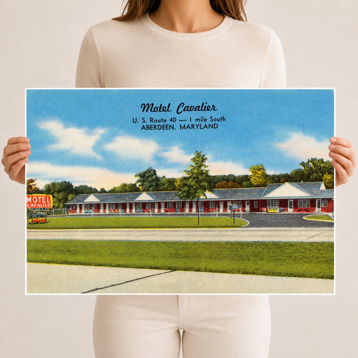 Motel Cavalier, U. S. Route 40 -- 1 mile south, Aberdeen, Maryland — Vintage Maryland Postcard